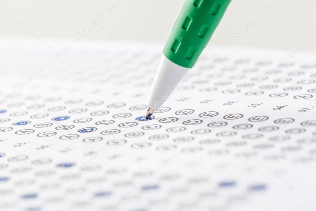 close up view of Test score sheet with answers