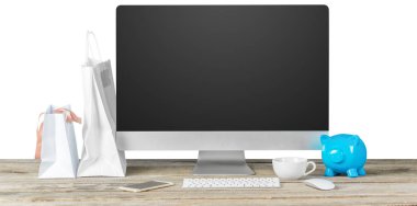 E-ticaret kavramı. Bilgisayar aksesuarları alışveriş ile tablo monitör ekranında