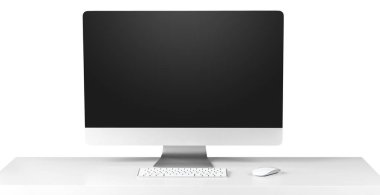 Beyaz masa üstünde klavye ile bilgisayar monitör siyah ekran. Eğitim ya da iş kavramı