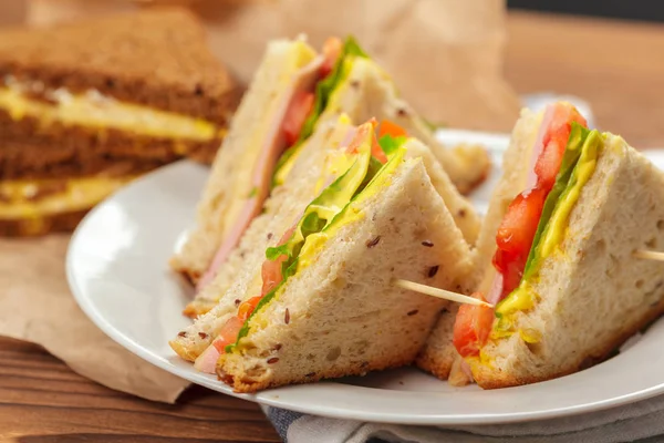 Plaka Üzerinde Lezzetli Sandviçler Yakın Çekim — Stok fotoğraf