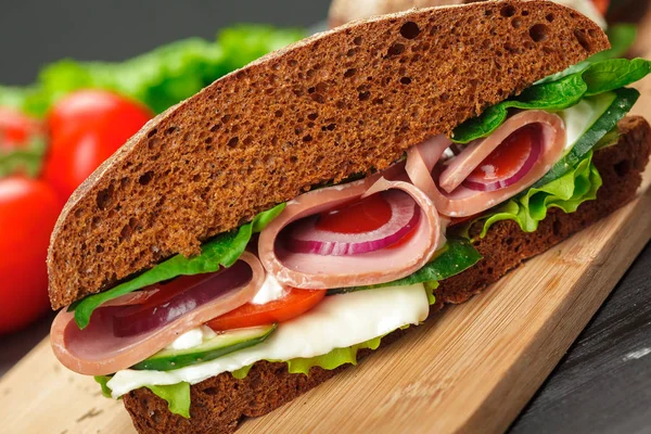 Close Delicious Sandwich Wooden Table — Stock Photo, Image