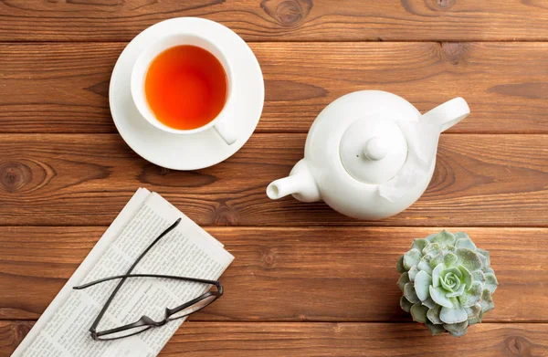 Tasse Tee Morgen Auf Dem Holztisch — Stockfoto