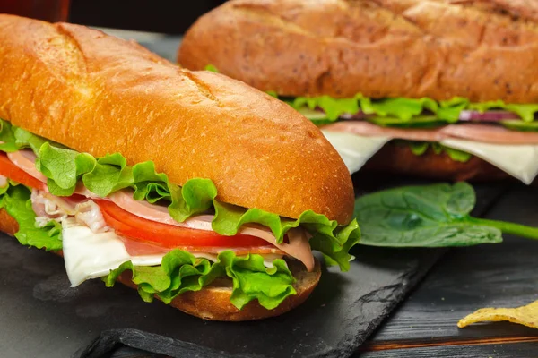 Close Tasty Sandwiches Wooden Table — Stock Photo, Image