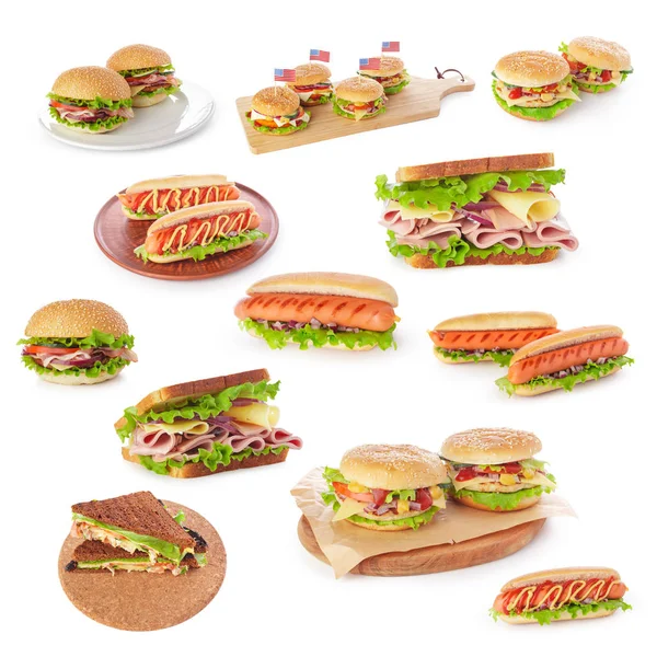 Junk Fast Food Collage Hamburger Panini Hot Dog Isolati Sfondo — Foto Stock