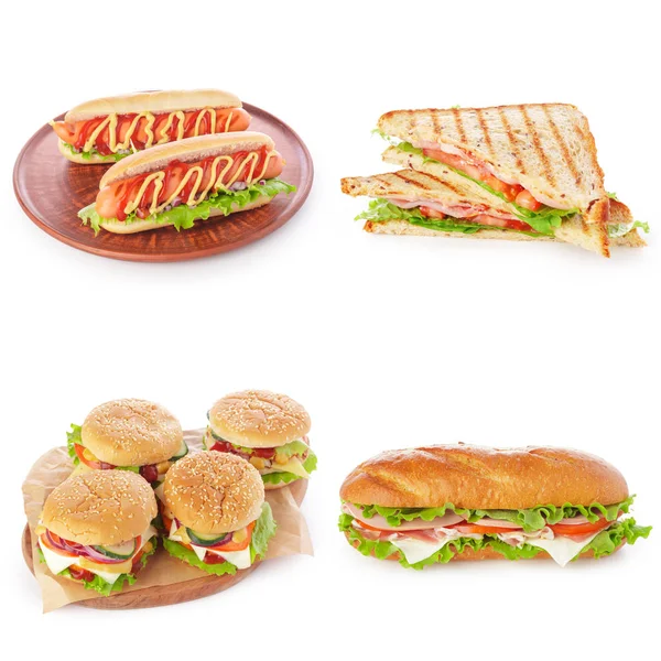 Wiadomości Śmieci Kolaż Fast Food Hamburgery Kanapki Hot Dogów Białym — Zdjęcie stockowe