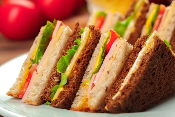 Close Tasty Sandwiches Wooden Table — Stock Photo, Image