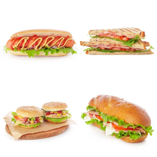 Collage Comida Rápida Chatarra Hamburguesas Sándwiches Hot Dogs Aislados Sobre —  Fotos de Stock