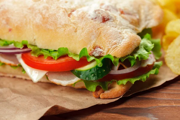 Close Delicious Sandwich Wooden Table — Stock Photo, Image