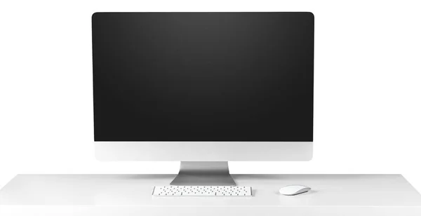 Computer Monitor Black Screen Keyboard White Table Education Business Concept — Stock Photo, Image