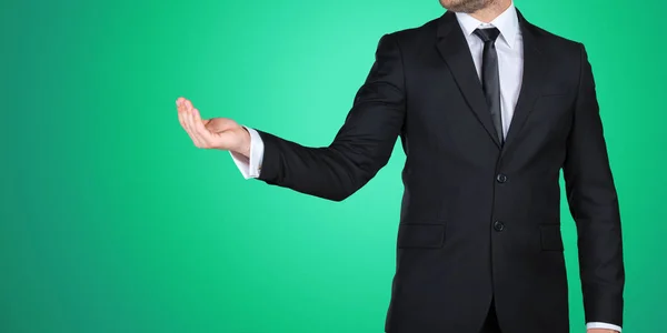 Unrecognizable Businessman Formal Black Suit Presenting Showing Copy Space Your — Stock Photo, Image