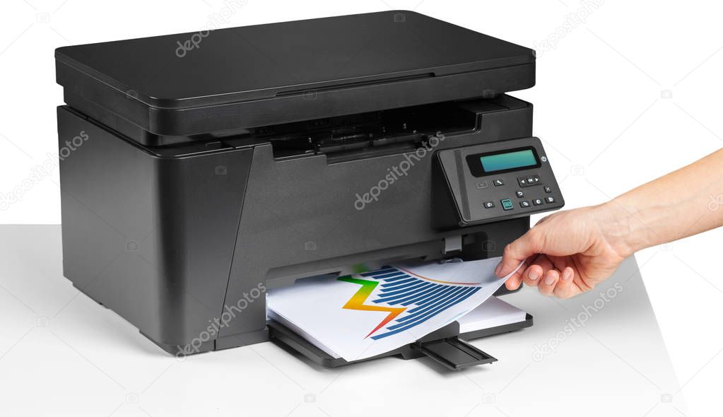 close up of person using moden printer on the table against white background 