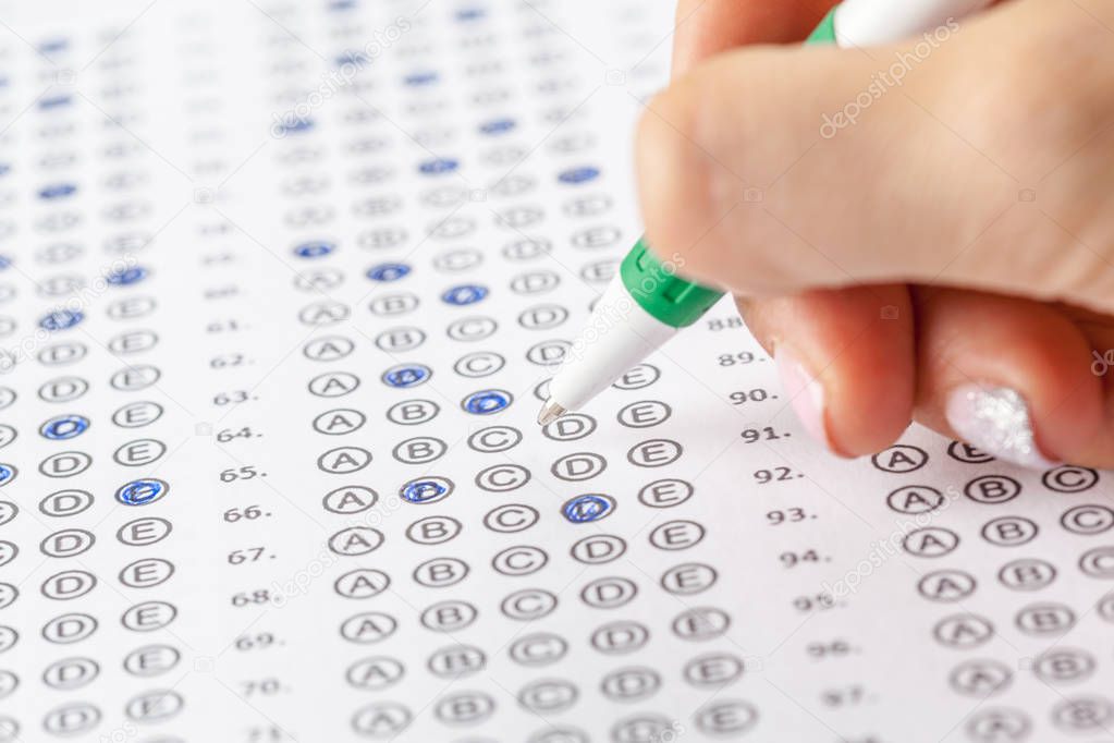 close up view of Test score sheet with answers