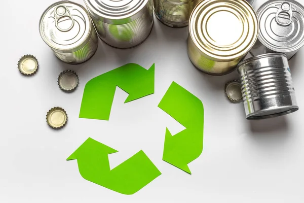 Eco Concept Met Recycling Symbool Tabel Achtergrond Bovenaanzicht — Stockfoto