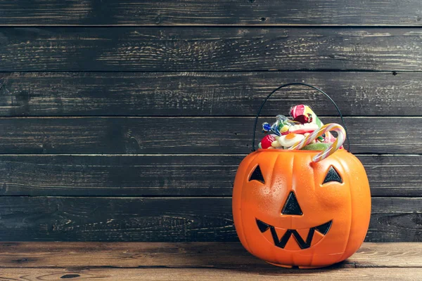 Happy Halloween Pumpkin Candies Wooden Table — Stock Photo, Image