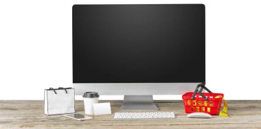 E-ticaret kavramı. Bilgisayar aksesuarları alışveriş ile tablo monitör ekranında