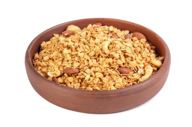 Bütün tahıl müsli beyaz arka plan üzerinde izole kase