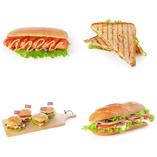 Junk Fast Food Collage Hamburger Panini Hot Dog Isolati Sfondo — Foto Stock