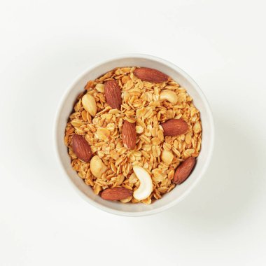 Sağlıklı diyet kahvaltı maddeler beyaz arka plan üzerinde Kapat 