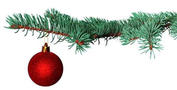 Χριστουγεννιάτικη Μπάλα Κλαδί Έλατου Που Απομονώνονται Λευκό Φόντο — Φωτογραφία Αρχείου