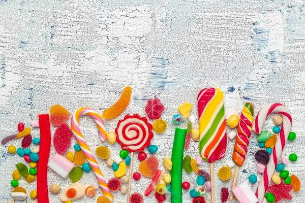 Colorful Candies Wooden Table Background — Stock Photo, Image