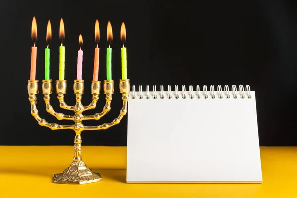 Bronze Hanukkah Menorah Burning Candles — Stock Photo, Image