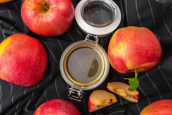 Jewish Holiday Rosh Hashanah Background Honey Apples Wooden Table — Stock Photo, Image