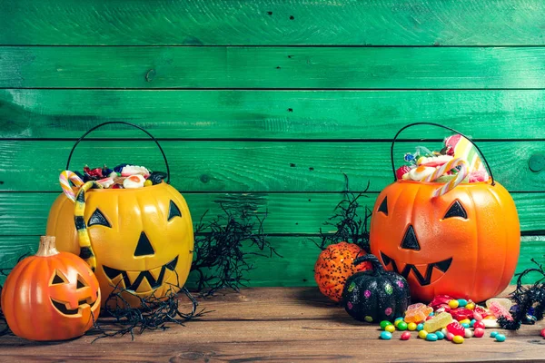 Happy Halloween Pumpkins Candies Festive Decorations Food — Stock Photo, Image