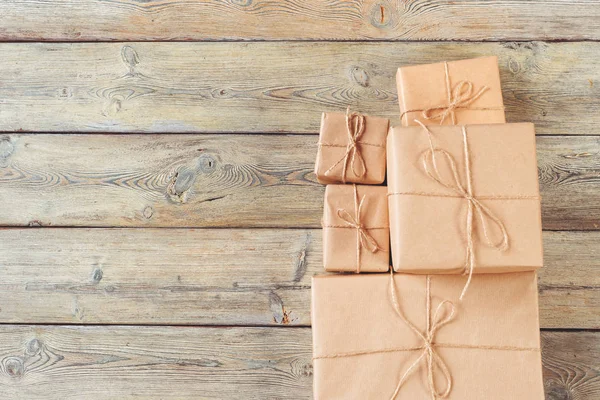 Various Gift Boxes Wooden Table Top View — Stock Photo, Image