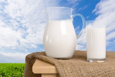 Doğal bir arka plan ile bir tabloda süt