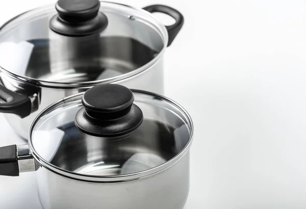 Stainless Steel Pots Pans Isolated White — Stock Photo, Image
