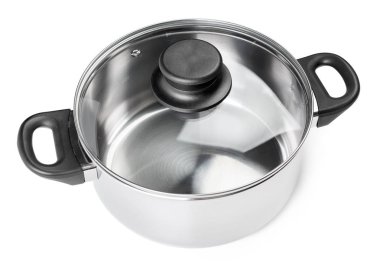 Beyaz arka plan üzerinde izole çelik tencere, yakın çekim