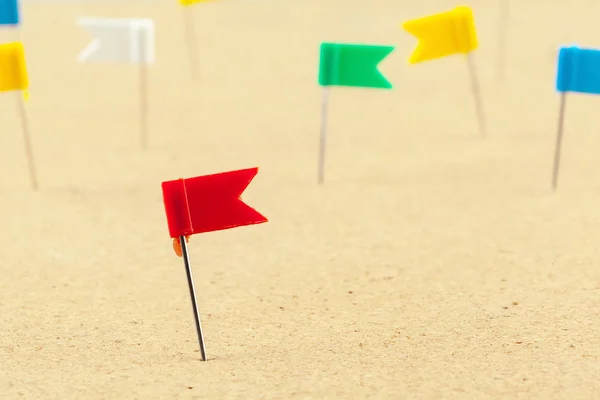 Weergave Van Groep Van Kleurrijke Thumbtacks Gevestigd Prikbord Sluit — Stockfoto