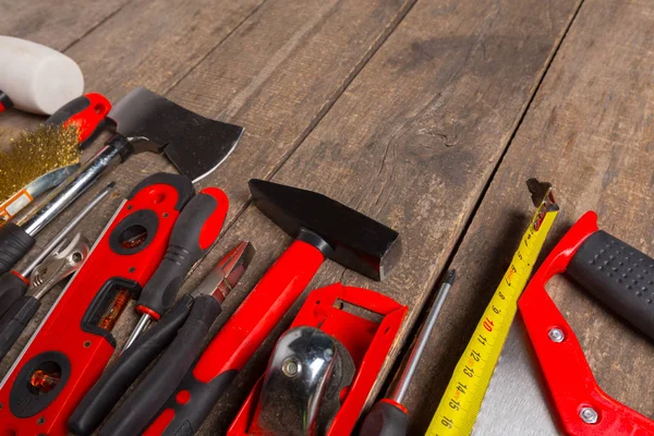 Nahaufnahme Von Verschiedenen Arbeitswerkzeugen Auf Holz Hintergrund — Stockfoto