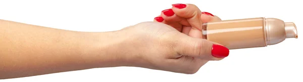女性の手が白い背景で隔離の化粧品のプラスチック チューブ — ストック写真