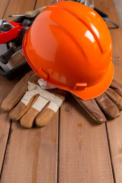 Work protection concept on wooden table. top view