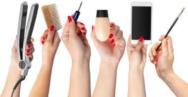 Araçlar üzerinde beyaz izole makyaj için holding eller topluluğu