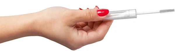 Mulher Mão Segurando Escova Pestanas Fundo Branco — Fotografia de Stock