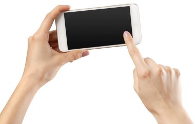 Elini tut smartphone telefon üzerinde beyaz izole