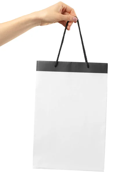 Torba Zakupy Kobiece Ręki Trzymającej Koszyk Białym — Zdjęcie stockowe