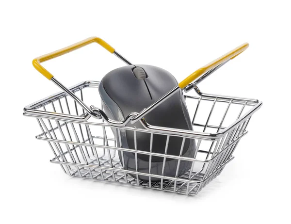 Computer Mouse Shopping Basket White Background — Stock Photo, Image