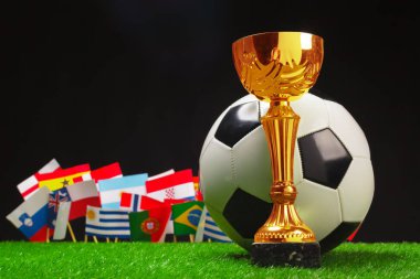 Futbol Kupası futbol topu çim siyah arka plan üzerinde ile 