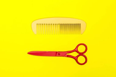 Düz profesyonel kuaför ile kompozisyon araçları renk arka plan üzerinde yatıyordu