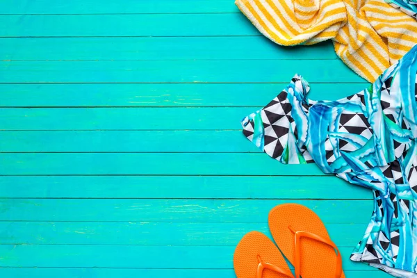 Composition Swimsuit Color Wooden Background — Stock Photo, Image