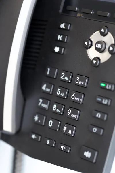 Closeup Shot Telephone Receiver Buttons Texts Hotel Room — Stock Photo, Image