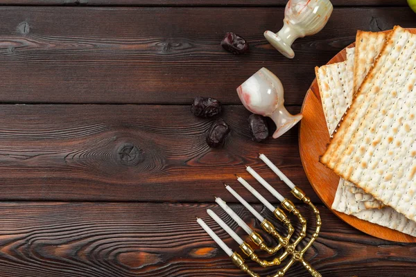 Jüdisches Pessach Banner Design Mit Wein Matzo Auf Holzgrund — Stockfoto