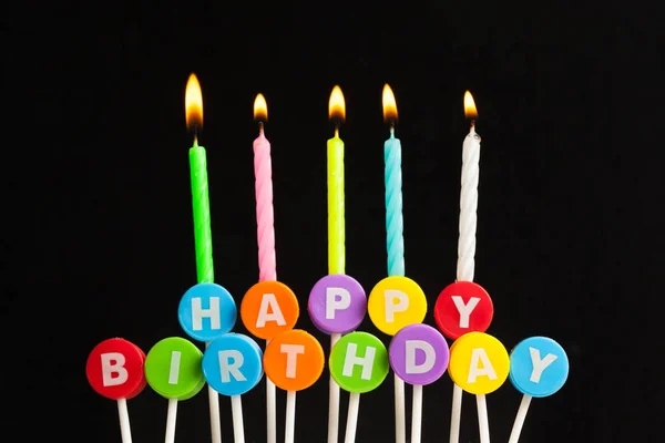 Colorful Happy Birthday Candles Dark Background Close — Stock Photo, Image