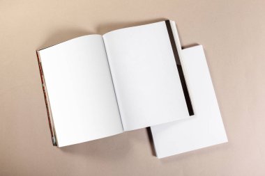 Bej renkli bir arka plan üzerinde boş kağıt parçaları için alay et