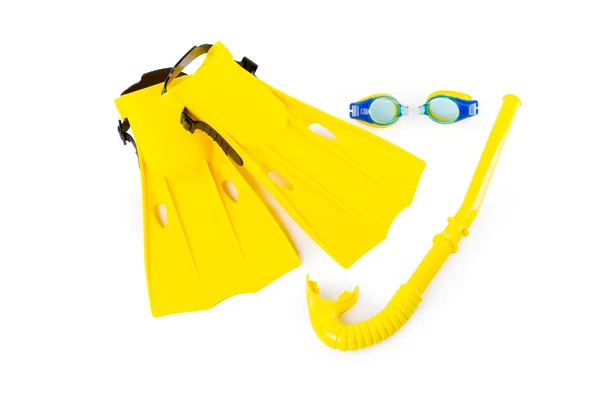 Potápěčské Vybavení Brýle Šnorchl Ploutve Bílém Pozadí — Stock fotografie