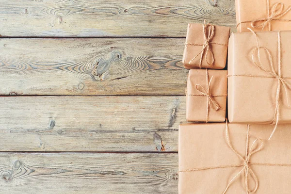 Various Gift Boxes Wooden Table Top View — Stock Photo, Image