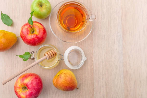 Jewish Holiday Rosh Hashanah Background Honey Apples Wooden Table — Stock Photo, Image